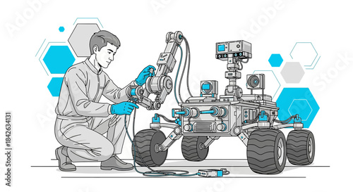 Technician carefully repairing a sophisticated rover in a research laboratory setting displaying