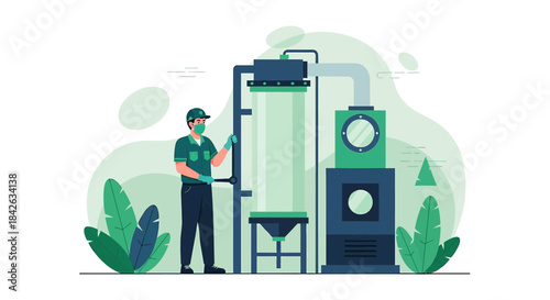 Technician operating a processing machine with safety measures in place for industry hygiene