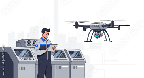 Technician using drone for industrial inspection with advanced equipment and factory background