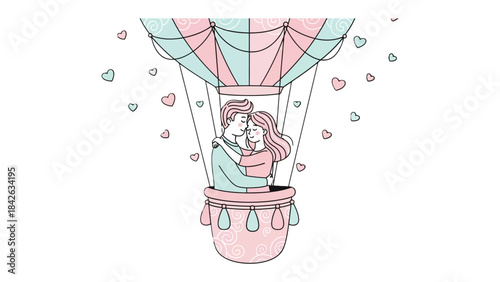 Romance in the Skies: A tender embrace in a whimsical hot air balloon, floating amidst a cascade of hearts, embodies love and shared dreams.