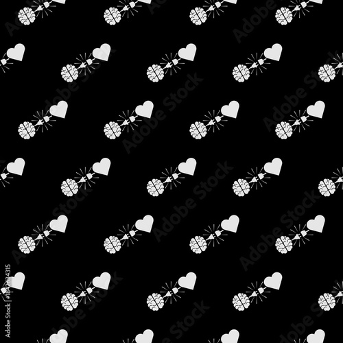 Heart and brain interactions electric plug connection seamless pattern isolated on black background