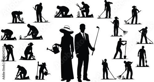 Gardening and Lifestyle Silhouette Vector Set Showing People Working, Planting, Raking, Watering, and Leisure Activities on a White Background