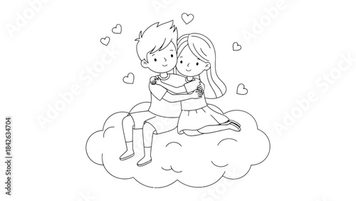 Affection in the Clouds: A tender depiction of a couple, embracing amidst a whimsical cloud, with hearts gently floating above. A symbol of love and togetherness.