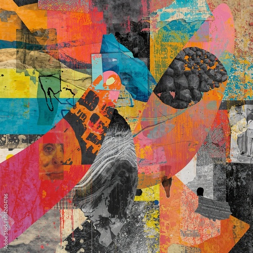 Bold colors and dynamic shapes create an engaging abstract artwork that features layered portraits and textures. This lively piece invites viewers to explore its intricate details and forms