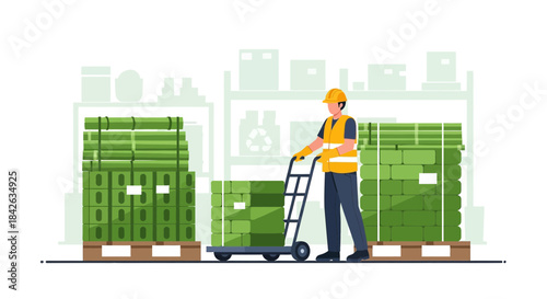 Warehouse employee moving stacked goods on a trolley with meticulous care and precision for