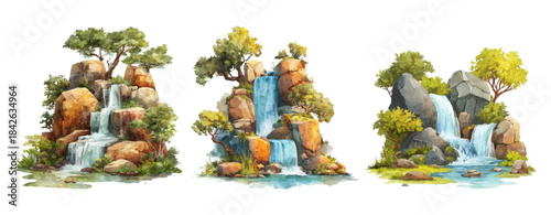 Cascading jungle river flows down rocky mountain cliffs in tropical paradise. Beautiful landscape illustration featuring lush vegetation, stones, and streaming nature scenery.