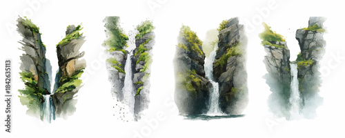 Stunning waterfall scene with cascading water flowing down rocky cliffs. Tropical jungle landscape illustration featuring river, mountains, and lush forest nature background.