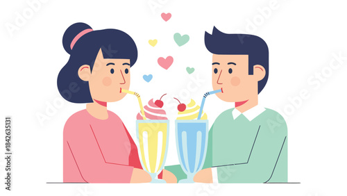 Romantic Milkshake Moments: A sweet illustration of a couple sharing milkshake, their moment of affection symbolized by hearts floating above, capturing a moment of sweet shared joy.