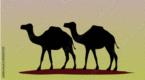 Two silent camels move together across a fading horizon, their shadows steady, carrying patience, endurance, and timeless journeys beneath a quiet sky.