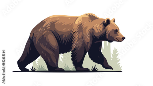 Brown Bear Walking in Natural Environment, Wildlife Illustration, Animal on White Background