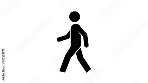 Black Silhouette of a Person Walking, Simple Stick Figure Icon on White Background