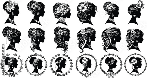 Beautiful vintage women's head silhouettes set with elegant floral wreath frames, perfect for wedding, beauty, fashion, and sophisticated design projects, vector illustration.