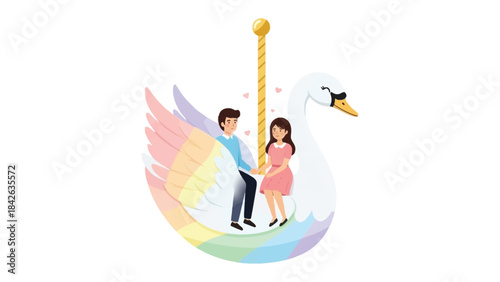 Couple in the Swan Carousel: Depicts a romantic scene, a couple sits together on a swan-shaped carousel, symbolizing love, dreams, and a shared journey.