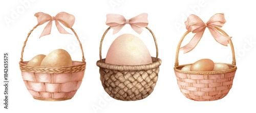 Easter basket collection in watercolor style. Pink eggs with decorative bows, spring ribbons, and pastel elements for holiday cards and seasonal banners.