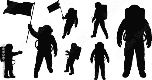 Black Silhouette Vector Set of Astronauts in Space Suits Waving Flags and Floating Isolated on a White Background Space Exploration Collection