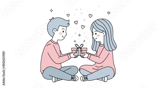Exchange of Affection: A heartwarming illustration depicts a young couple exchanging gifts, symbolizing love and togetherness, hearts float above the gift, enhancing the scene's emotional depth.