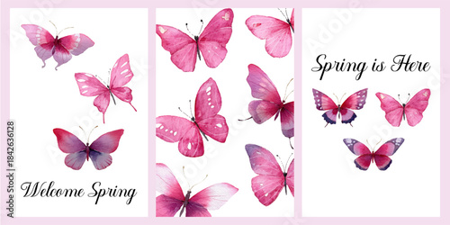 Set of watercolor spring cards with butterflies. Romantic butterflies with spring greetings. Template for spring greetings, Easter, March 8, Mother's Day, etc.