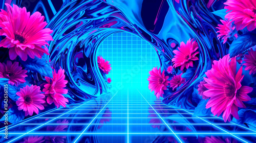 Vibrant neon pink flowers and blue grid tunnel with futuristic abstract background