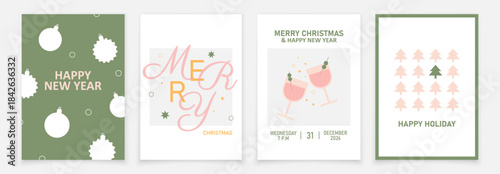 Set of 4 cards for New Year holidays. Merry Christmas cards with champagne glass. Vector card for winter holidays. 