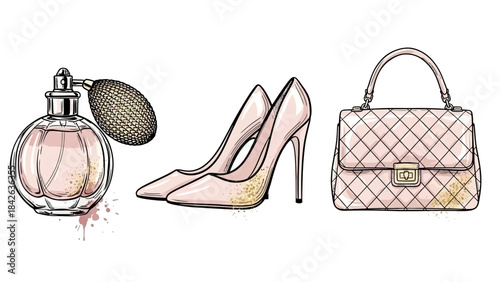 vintage fashion vector elements with perfume bottle, stilettos, and handbag sketch for beauty branding