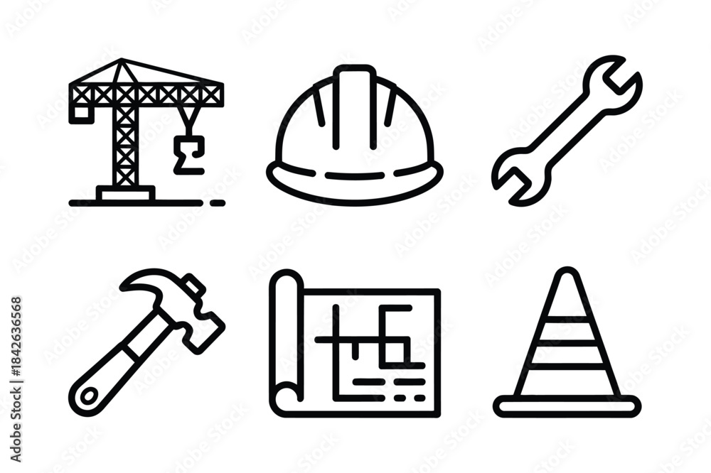 Fototapeta premium Simple line art collection of construction tools and safety equipment icons