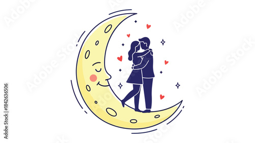 Moonlit Embrace: A romantic illustration portrays a couple, enveloped in a tender embrace on a crescent moon, as hearts symbolize love amid a starry sky.