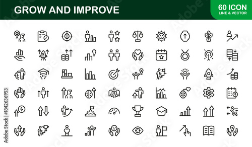 Modern line icon set – Professional minimal growth and progress symbols, sleek vector outline icons for business, finance, and development.