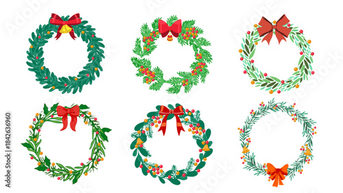 Set of Christmas Wreath Vector. A beautifully Christmas wreath vector featuring lush green leaves, berries, ornaments, and festive decorative elements. Ideal for greeting cards, holiday invitations
