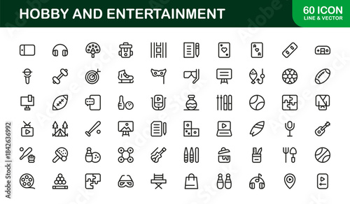 Hobby Entertainment Line Icon Set – Professional Minimal Vector Icons for Creative Projects, Leisure Activities, and Fun Pastimes