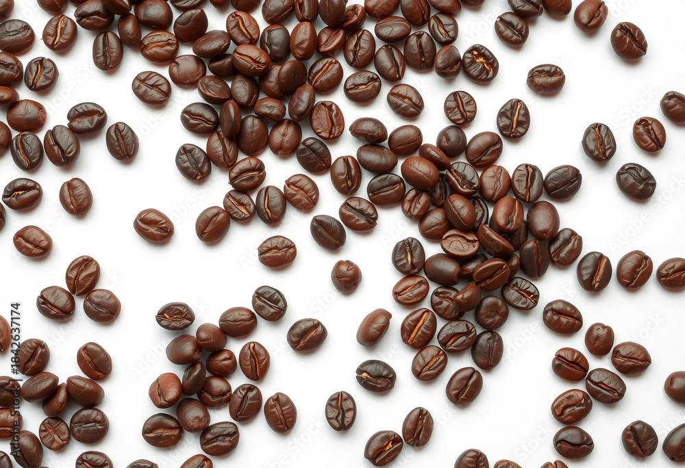Obraz premium Dark brown roasted coffee beans scattered on pristine white background, aroma, grain