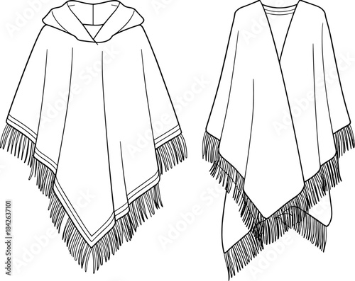 Women's Hooded Fringed Poncho and Open Wrap Cape Technical Flat Sketch Set Isolated Fashion CAD Template Design Vector Illustration