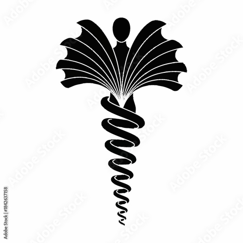 Stylized Caduceus Symbol with Wings and Coiled Staff.