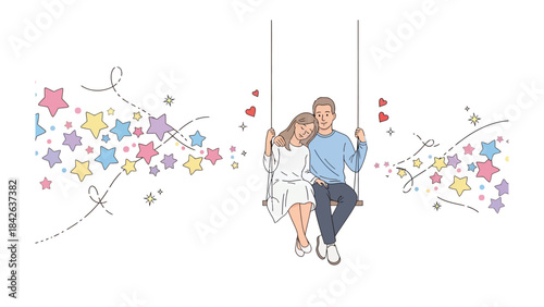 Romantic moments on a swing: A couple in a loving embrace enjoys a gentle swing ride, surrounded by whimsical stars and hearts, evoking a sense of dreamy romance and tender affection.