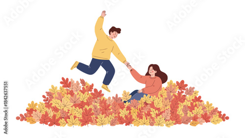 Autumn Harmony: Amidst a vibrant pile of autumn leaves, a tender moment unfolds as two individuals reach out, symbolizing connection and shared joy in a seasonal scene.