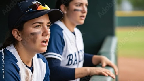 Intense Close-Up Of Dedicated Female Baseball Players Watching Game Intently In Dugout