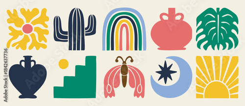 Hand drawn boho doodle icons with butterfly rainbow moon sun leaves vase cactus ladder