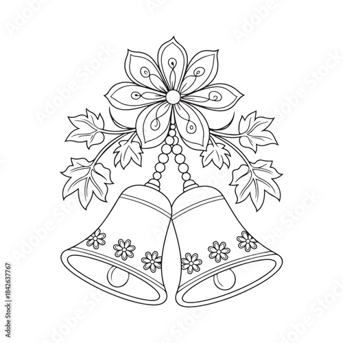 A detailed black outline drawing of two festive bells adorned with a beautiful flower and leaves