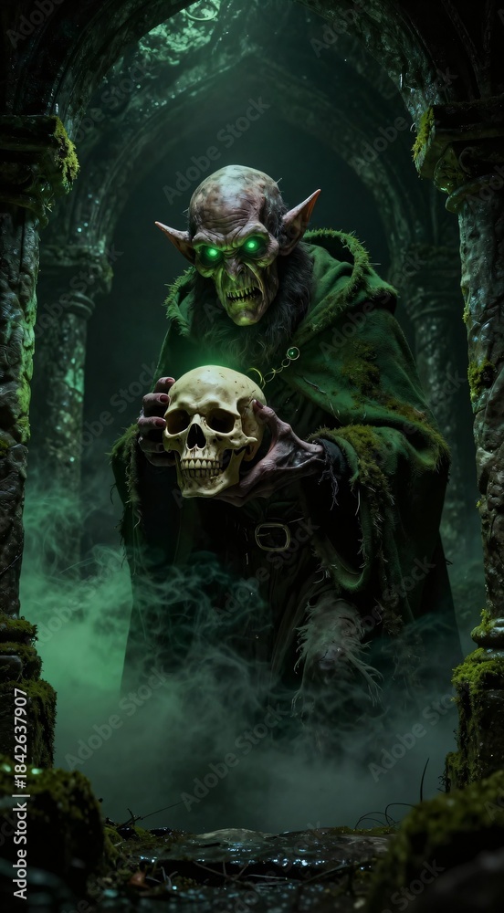 Fototapeta premium Goblin holding skull in mysterious misty crypt with glowing eyes