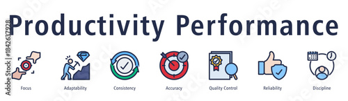 Productivity performance icon vector symbol representing focus, hard work, consistency, quality control, reliability, and discipline.