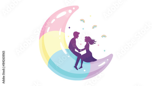 Eternal Embrace: Silhouette of a loving couple seated on a whimsical rainbow-hued crescent moon, hand-in-hand, under a starry sky. 