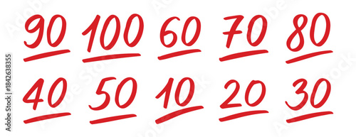 Doodle hand drawn test result set. exam score symbols. grade marks collection with red numbers. 10, 20, ...