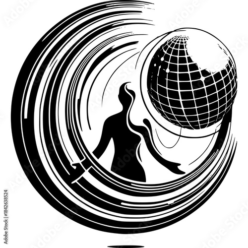 Global Integration: A striking silhouette of a person embracing the globe, encompassed by swirling lines symbolizing interconnectedness. A symbol of unity.
