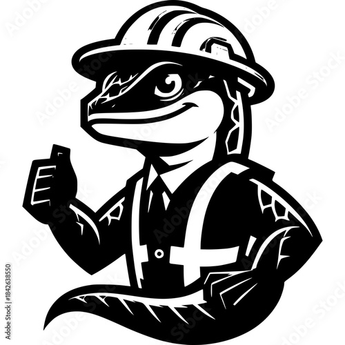Construction Gecko: A stylized gecko, geared up in a construction uniform, exuding confidence and a thumbs-up gesture, symbolizes reliability and expertise in construction.