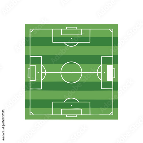 A flat illustration of a football field with field markings, end zones, and center circle