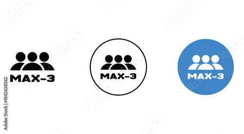  Max 3 people sign. People group icon set. Maximum 3 people symbol set. People are not allowed more than three. icon set