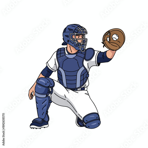 A baseball catcher, in full gear, kneels to catch. The ball glove is raised