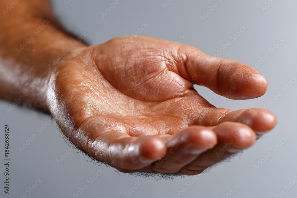 Fototapeta premium Man's hand reaching out against a gray background at close range