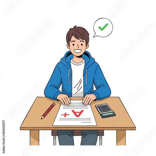 A student beams at an A+ test result, with a checkmark thought bubble