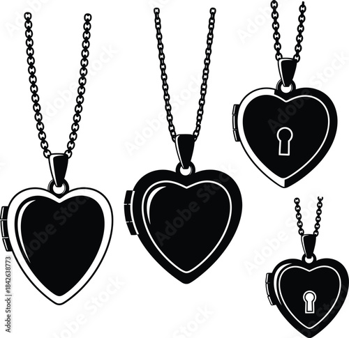 Heart lock pendant necklaces with chains silhouette set