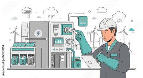 Engineer overseeing the functionality and efficiency of a clean energy production system using